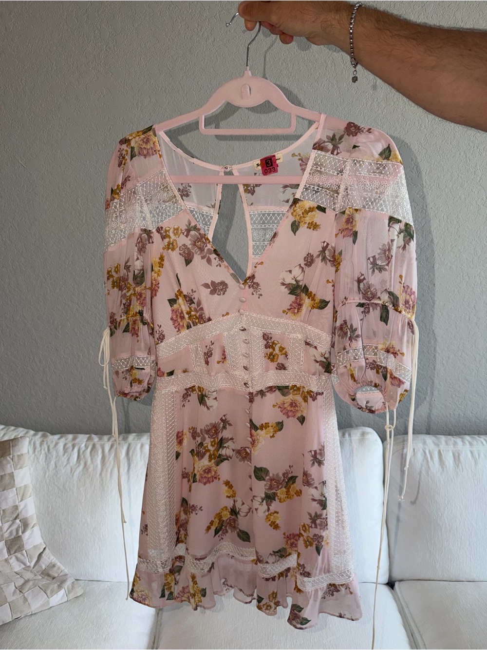 For Love & Lemons Pink Floral Lace-Trim Mini Dress